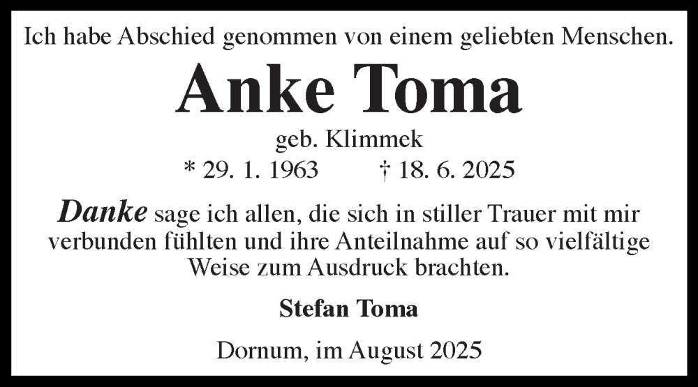  Traueranzeige für Anke Toma vom 09.08.2025 aus Ostfriesischer Kurier