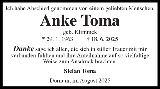 Traueranzeige von Anke Toma von Ostfriesischer Kurier
