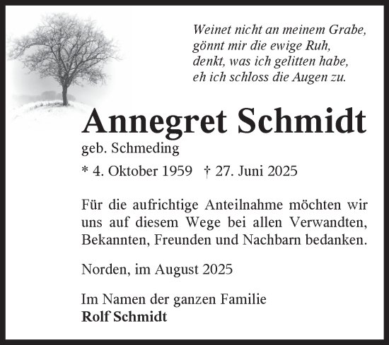 Traueranzeige von Annegret Schmidt von Ostfriesischer Kurier