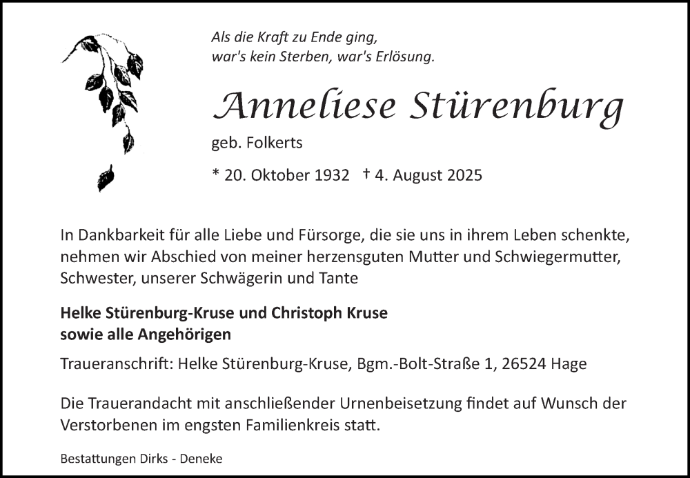  Traueranzeige für Anneliese Stürenburg vom 09.08.2025 aus Ostfriesischer Kurier