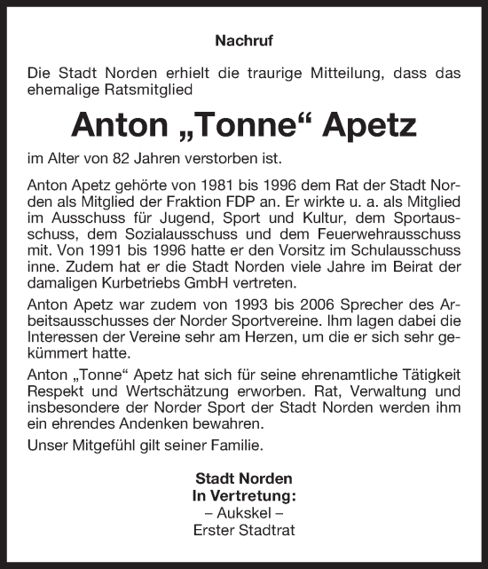 Traueranzeige von Anton Apetz von Ostfriesischer Kurier
