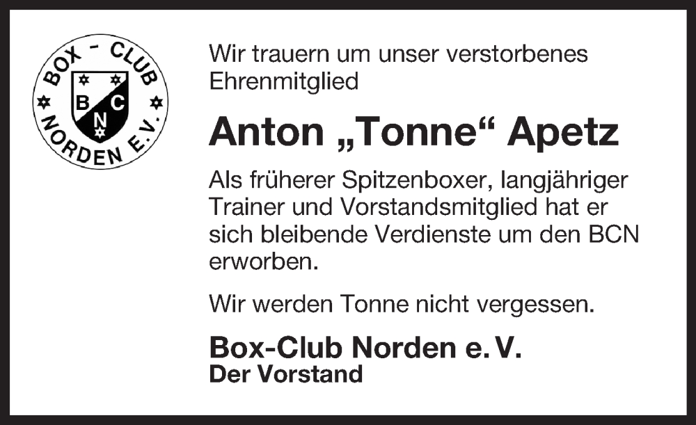 Traueranzeige für Anton Apetz vom 02.08.2025 aus Ostfriesischer Kurier