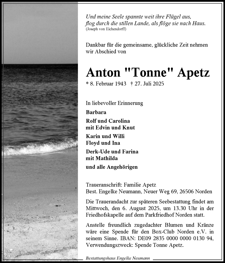  Traueranzeige für Anton Apetz vom 02.08.2025 aus Ostfriesischer Kurier