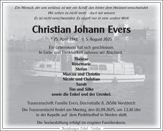 Traueranzeige von Christian Johann Evers von Ostfriesischer Kurier