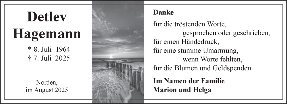  Traueranzeige für Detlev Hagemann vom 23.08.2025 aus Ostfriesischer Kurier
