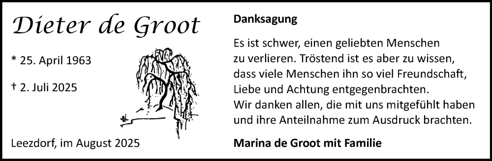  Traueranzeige für Dieter de Groot vom 16.08.2025 aus Ostfriesischer Kurier
