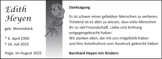 Traueranzeige von Edith Heyen von Ostfriesischer Kurier
