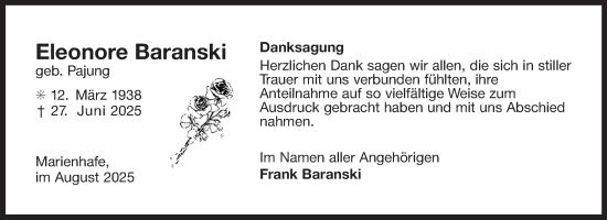 Traueranzeige von Eleonore Baranski von Ostfriesischer Kurier