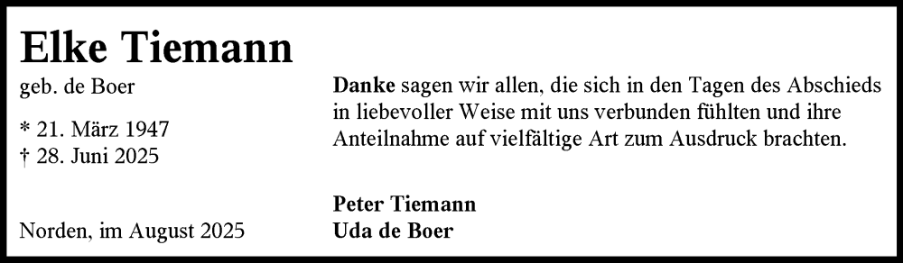  Traueranzeige für Elke Tiemann vom 02.08.2025 aus Ostfriesischer Kurier