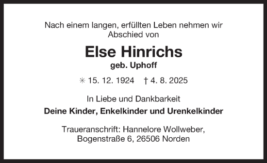 Traueranzeige von Else Hinrichs von Ostfriesischer Kurier