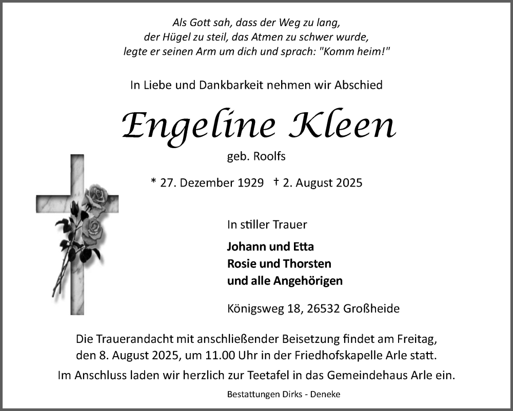  Traueranzeige für Engeline Kleen vom 05.08.2025 aus Ostfriesischer Kurier
