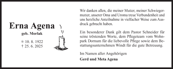 Traueranzeige von Erna Agena von Ostfriesischer Kurier