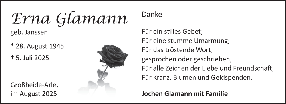  Traueranzeige für Erna Glamann vom 16.08.2025 aus Ostfriesischer Kurier