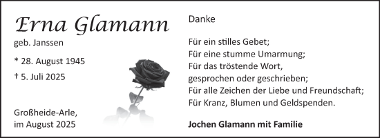 Traueranzeige von Erna Glamann von Ostfriesischer Kurier