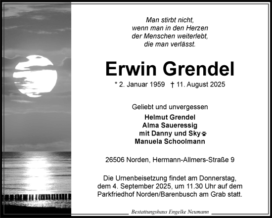 Traueranzeige von Erwin Grendel von Ostfriesischer Kurier