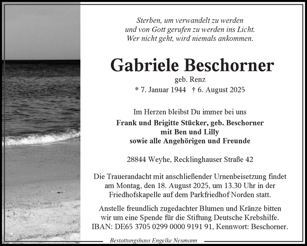  Traueranzeige für Gabriele Beschorner vom 09.08.2025 aus Ostfriesischer Kurier