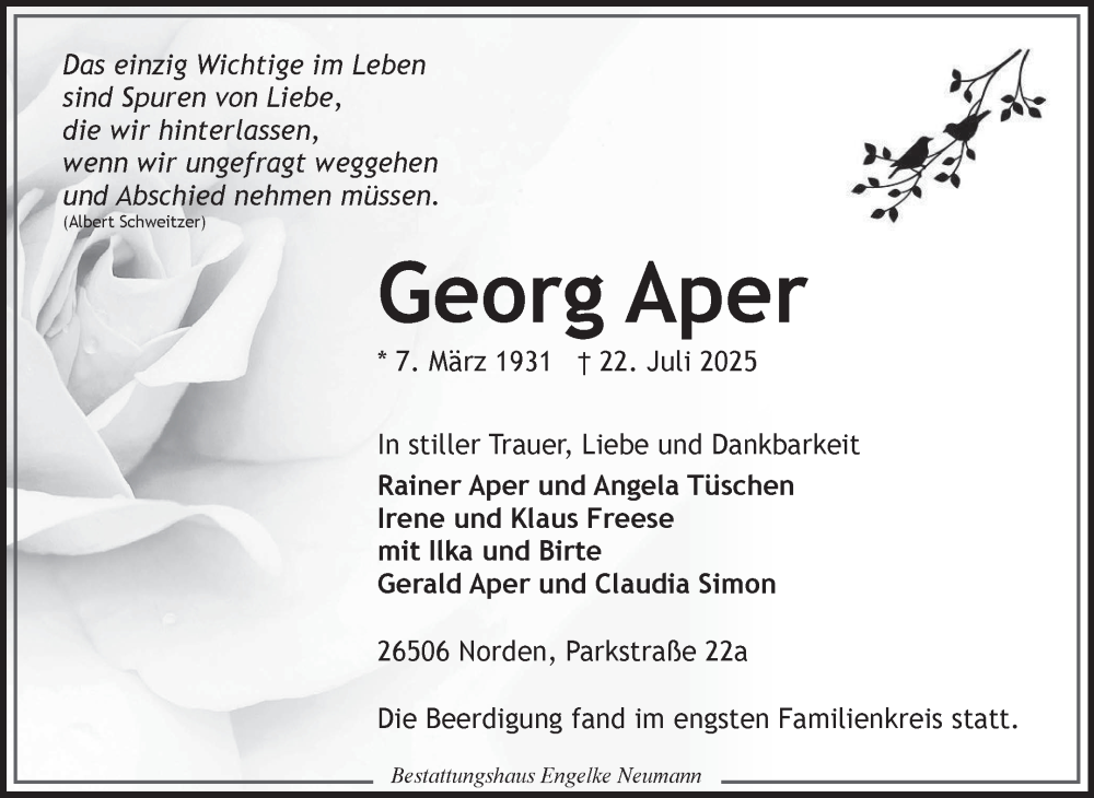  Traueranzeige für Georg Aper vom 02.08.2025 aus Ostfriesischer Kurier