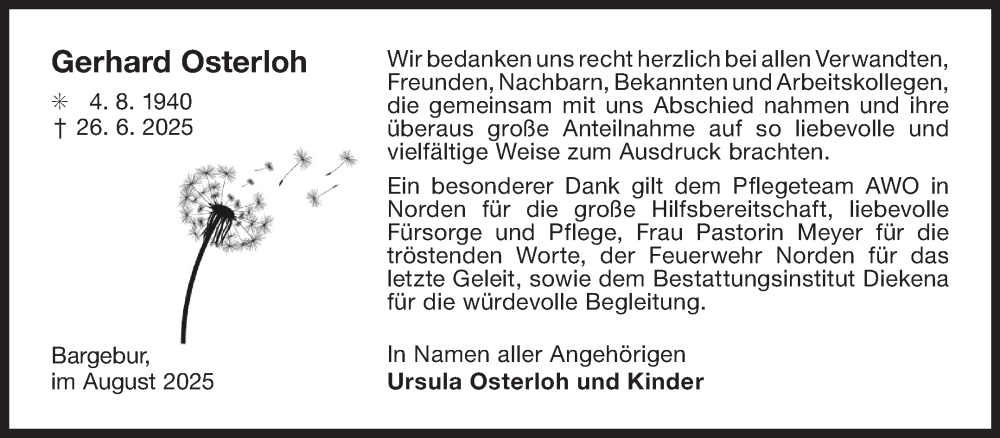  Traueranzeige für Gerhard Osterloh vom 02.08.2025 aus Ostfriesischer Kurier