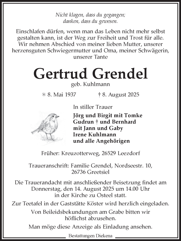  Traueranzeige für Gertrud Grendel vom 12.08.2025 aus Ostfriesischer Kurier