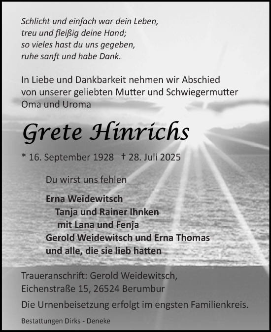 Traueranzeige von Grete Hinrichs von Ostfriesischer Kurier