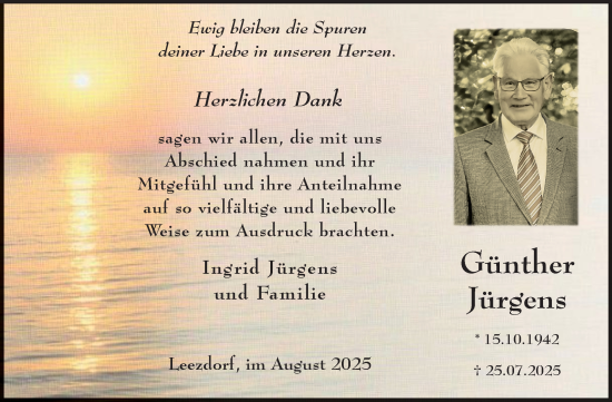 Traueranzeige von Günther Jürgens von Ostfriesischer Kurier