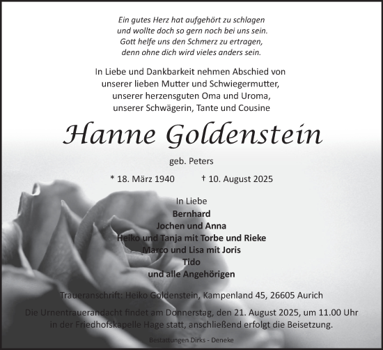 Traueranzeige von Hanne Goldenstein von Ostfriesischer Kurier