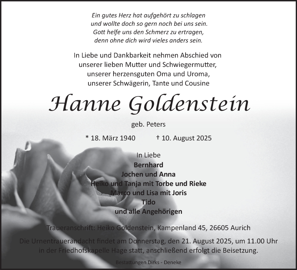  Traueranzeige für Hanne Goldenstein vom 16.08.2025 aus Ostfriesischer Kurier