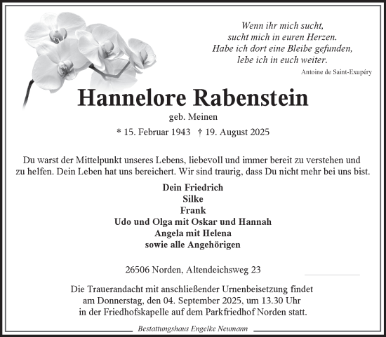 Traueranzeige von Hannelore Rabenstein von Ostfriesischer Kurier