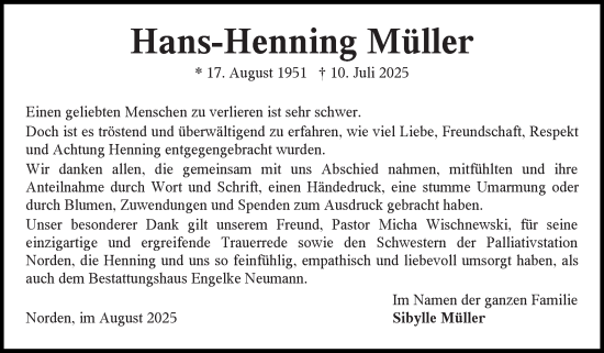Traueranzeige von Hans-Henning Müller von Ostfriesischer Kurier