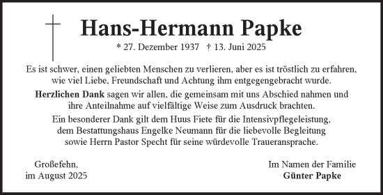 Traueranzeige von Hans-Hermann Papke von Ostfriesischer Kurier