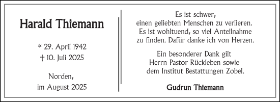 Traueranzeige von Harald Thiemann von Ostfriesischer Kurier