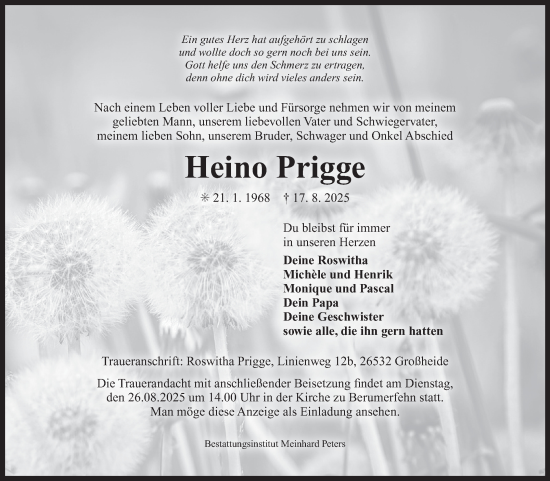Traueranzeige von Heino Prigge von Ostfriesischer Kurier