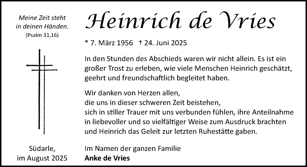  Traueranzeige für Heinrich de Vries vom 02.08.2025 aus Ostfriesischer Kurier