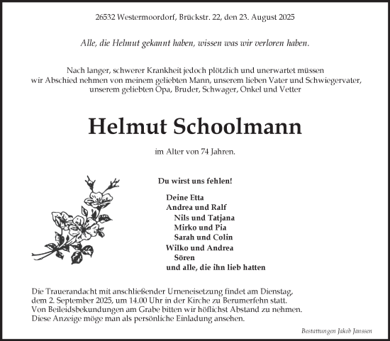 Traueranzeige von Helmut Schoolmann von Ostfriesischer Kurier