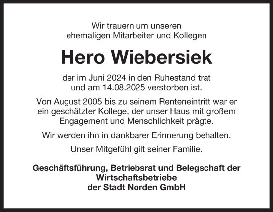 Traueranzeige von Hero Wiebersiek von Ostfriesischer Kurier