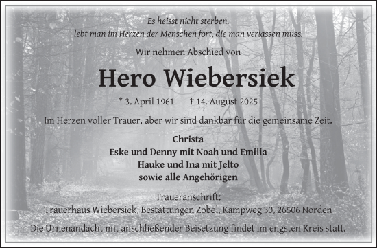 Traueranzeige von Hero Wiebersiek von Ostfriesischer Kurier