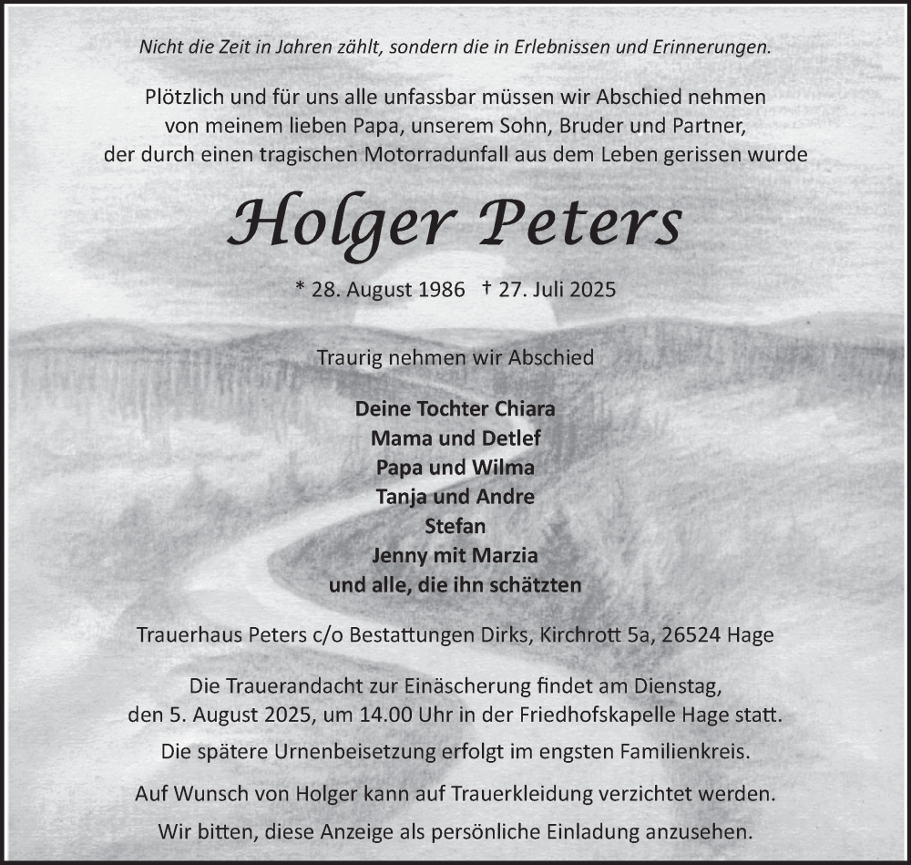  Traueranzeige für Holger Peters vom 02.08.2025 aus Ostfriesischer Kurier