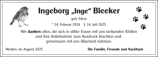 Traueranzeige von Ingeborg Bleeker von Ostfriesischer Kurier