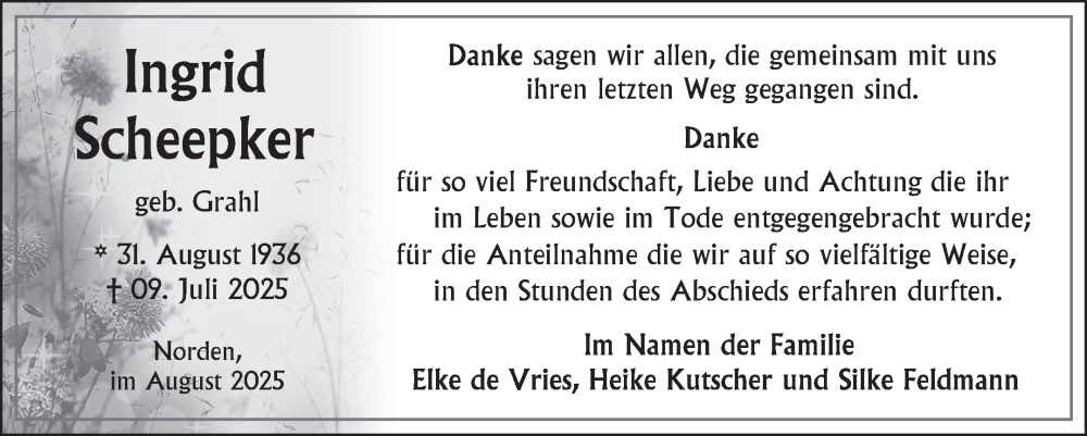  Traueranzeige für Ingrid Scheepker vom 23.08.2025 aus Ostfriesischer Kurier