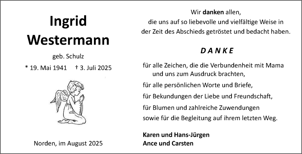 Traueranzeige für Ingrid Westermann vom 16.08.2025 aus Ostfriesischer Kurier
