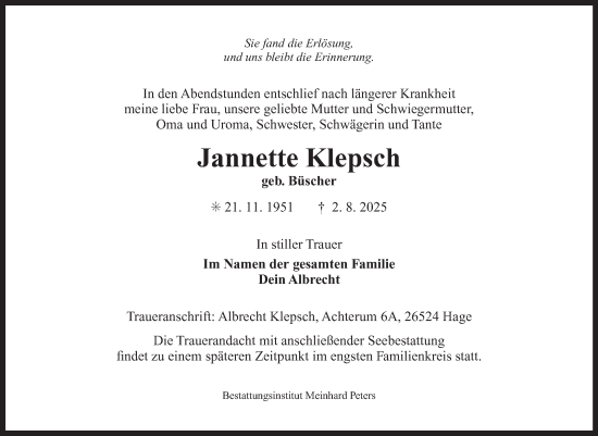 Traueranzeige von Jannette Klepsch von Ostfriesischer Kurier