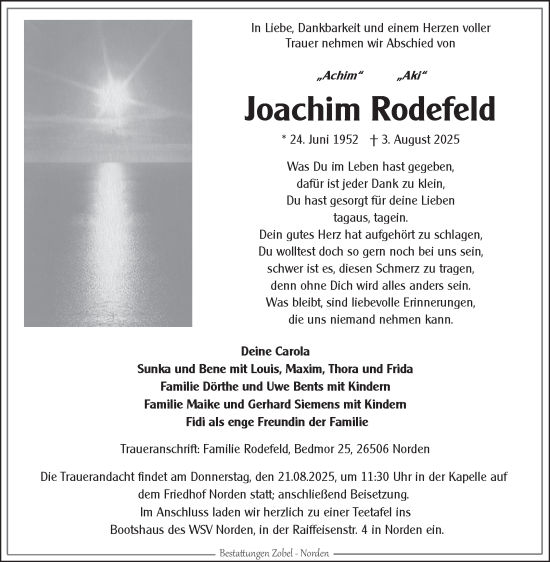 Traueranzeige von Joachim Rodefeld von Ostfriesischer Kurier