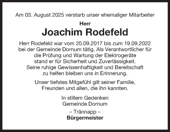 Traueranzeige von Joachim Rodefeld von Ostfriesischer Kurier