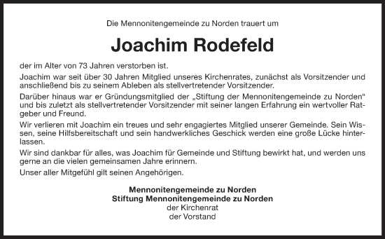 Traueranzeige von Joachim Rodefeld von Ostfriesischer Kurier