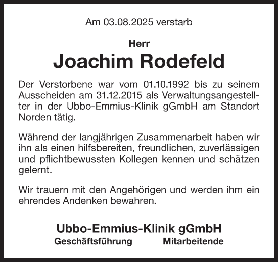 Traueranzeige von Joachim Rodefeld von Ostfriesischer Kurier