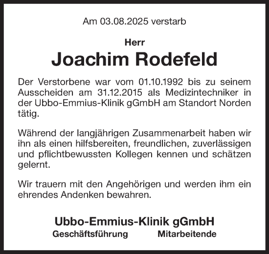 Traueranzeige von Joachim Rodefeld von Ostfriesischer Kurier