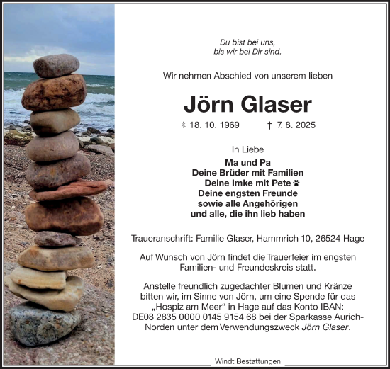 Traueranzeige von Jörn Glaser von Ostfriesischer Kurier