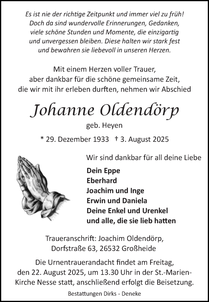  Traueranzeige für Johanne Oldendörp vom 09.08.2025 aus Ostfriesischer Kurier