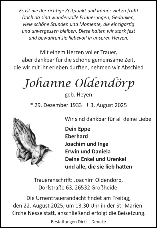 Traueranzeige von Johanne Oldendörp von Ostfriesischer Kurier
