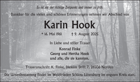 Traueranzeige von Karin Hook von Ostfriesischer Kurier